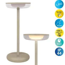Lampe de table à accu PASI intérieur extérieur métal plastique beige intensité variable tactile fonction mémoire hauteur 26cm