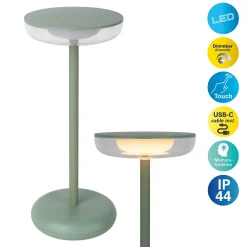Lampe de table à accu PASI intérieur extérieur métal plastique menthe intensité variable tactile fonction mémoire hauteur 26cm