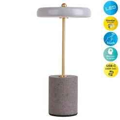 Lampe de table à accu 'SETA' grise 30 cm de haut en métal et béton, avec LED fixe