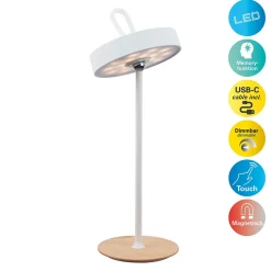 Lampe de table LED à accu magnétique pour l'extérieur et l'intérieur, en métal et plastique blanc, hauteur 36 cm