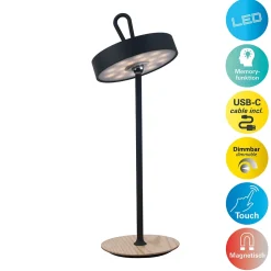 Lampe de table LED à accu magnétique pour l'extérieur et l'intérieur, en métal et plastique noir, hauteur 36 cm
