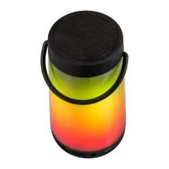 Lampe de table LED avec haut-parleur BT 'FESTA' pour l'extérieur en plastique noir avec LED intégrées, hauteur 18 cm