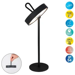 Lampe de table LED rechargeable magnétique 'ELLA' pour l'extérieur et l'intérieur, en métal et plastique noir, hauteur 35 cm