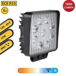 Lampe de travail carrée 12/24 V, 27 W et 1 800 lumens, IP67. Noir