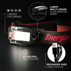 Lampe frontale LED 180 lumens Energizer EHLMUL autonomie 4h fonctionne par recharge USB