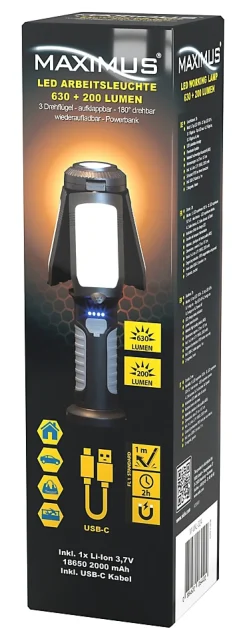 Lampe torche - MAXIMUS - Multifonctions - Rechargeable USB - 10 W - 630 lumens - IP20 - 3 ailes orientables