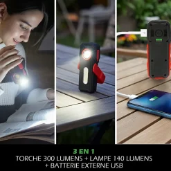 Lampe Torche LED Multifonctions Rechargeable USB Batterie Externe Smartphone 300lm et 140lm Aimant pour fixation