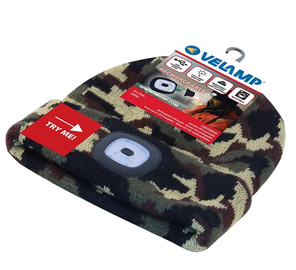 LIGHTHOUSE : Bonnet avec frontale LED rechargeable. Camouflage