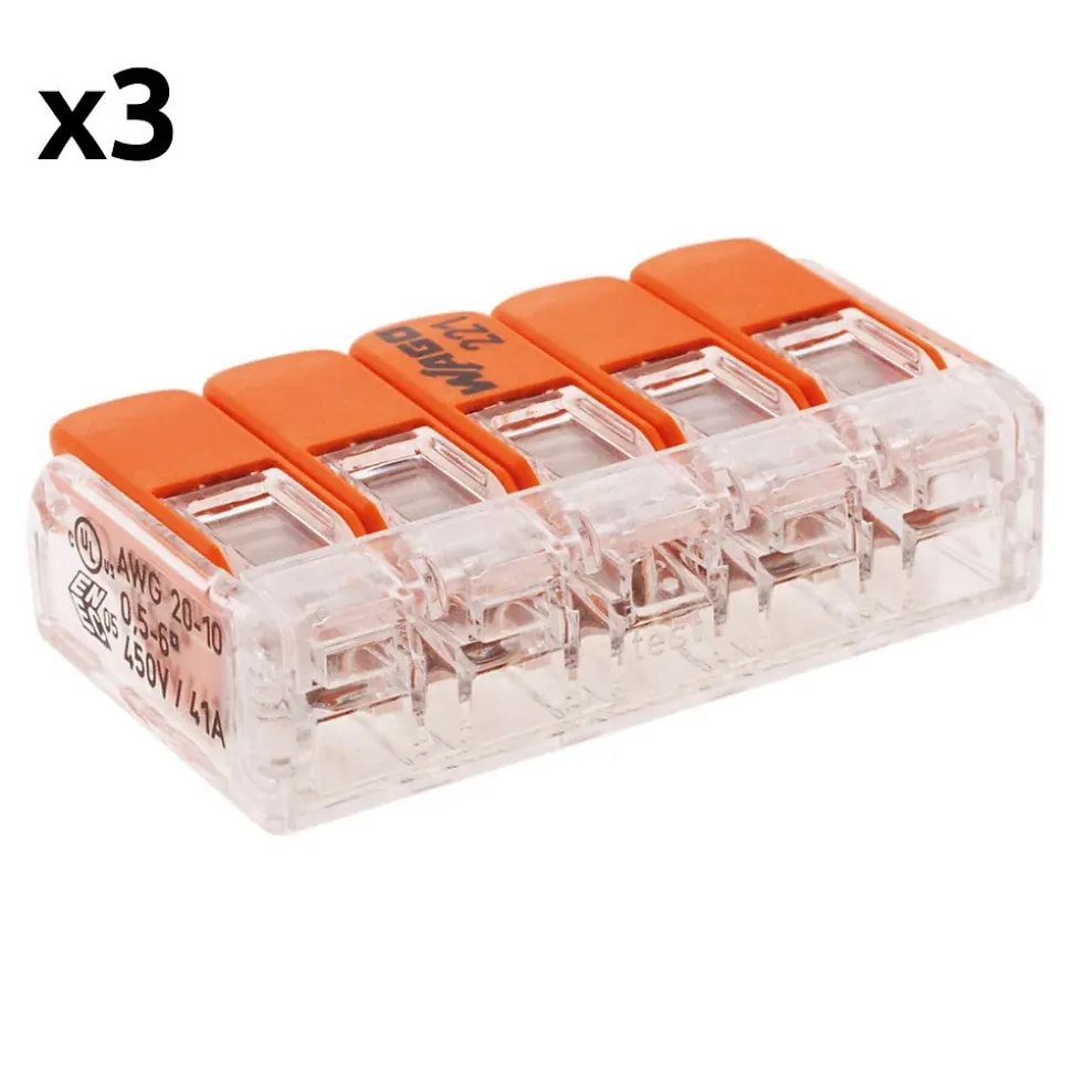 Lot de 3 bornes de raccordement S221 - 5 conducteurs avec leviers 6mm² - Wago
