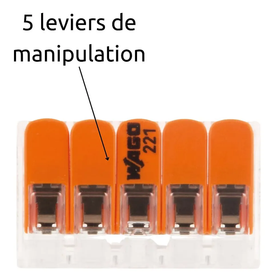 Lot de 3 bornes de raccordement S221 - 5 conducteurs avec leviers 6mm² - Wago