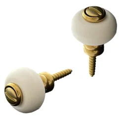 Lot de 2 butoirs en laiton verni avec vis. Diamètre 30mm, hauteur 32mm. Corps ondulé vintage et bague blanche. MADE IN FRANCE