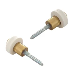 Lot de 2 butoirs luxe, corps laiton poli verni avec vis 2 filets T15. Diamètre 28mm, hauteur 30mm. Bague amortisseur blanche en él