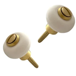 Lot de 2 butoirs sol en zamak laitonné avec vis. Diamètre 30mm, hauteur 30mm. Bague amortisseur en élastomère blanc (caoutchouc).