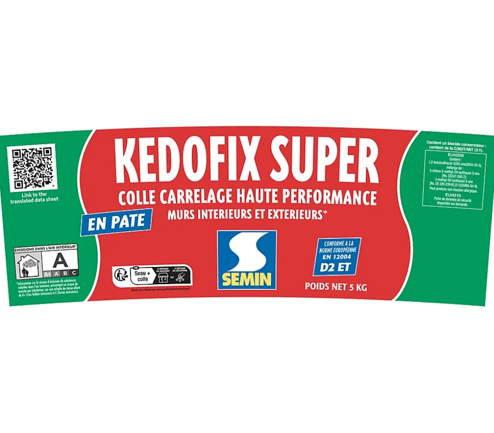 Lot de 2 colles pour Carrelage Haute Performance Kedofix Semin, Prêt à l'emploi, Intérieur/extérieur, seau de 5 kg