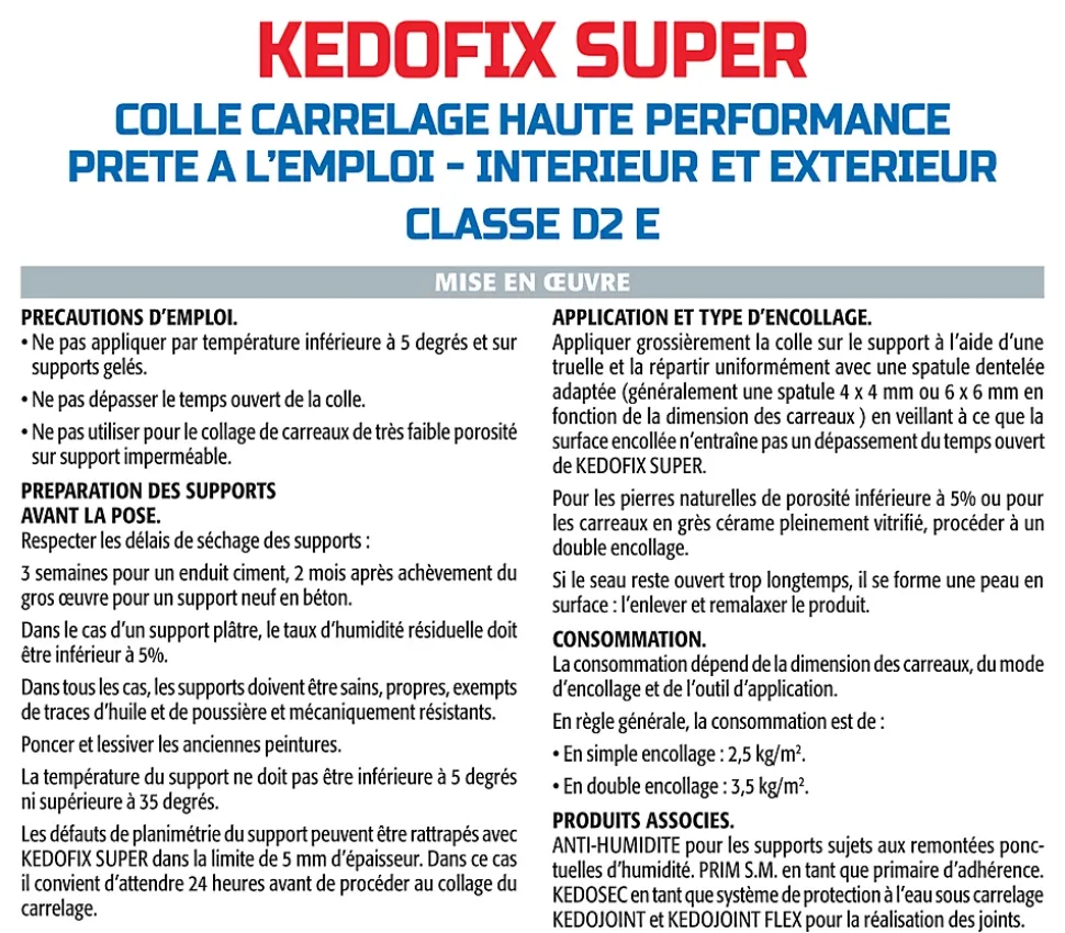 Lot de 2 colles pour Carrelage Haute Performance Kedofix Semin, Prêt à l'emploi, Intérieur/extérieur, seau de 5 kg