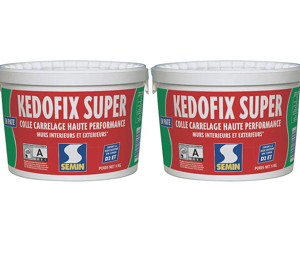 Lot de 2 colles pour Carrelage Haute Performance Kedofix Semin, Prêt à l'emploi, Intérieur/extérieur, seau de 5 kg