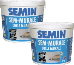 Lot de 2 Colles pour Toiles de Verre et Revêtements Muraux Légers Semin Sem Murale, Prêt à l'Emploi, Seau 5 kg