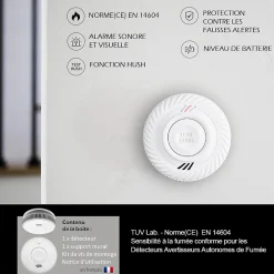 Lot de 2 Détecteur de fumée connecté WIFI CE EN14604 Pile 10 ans scellée et Kits de fixation magnétique