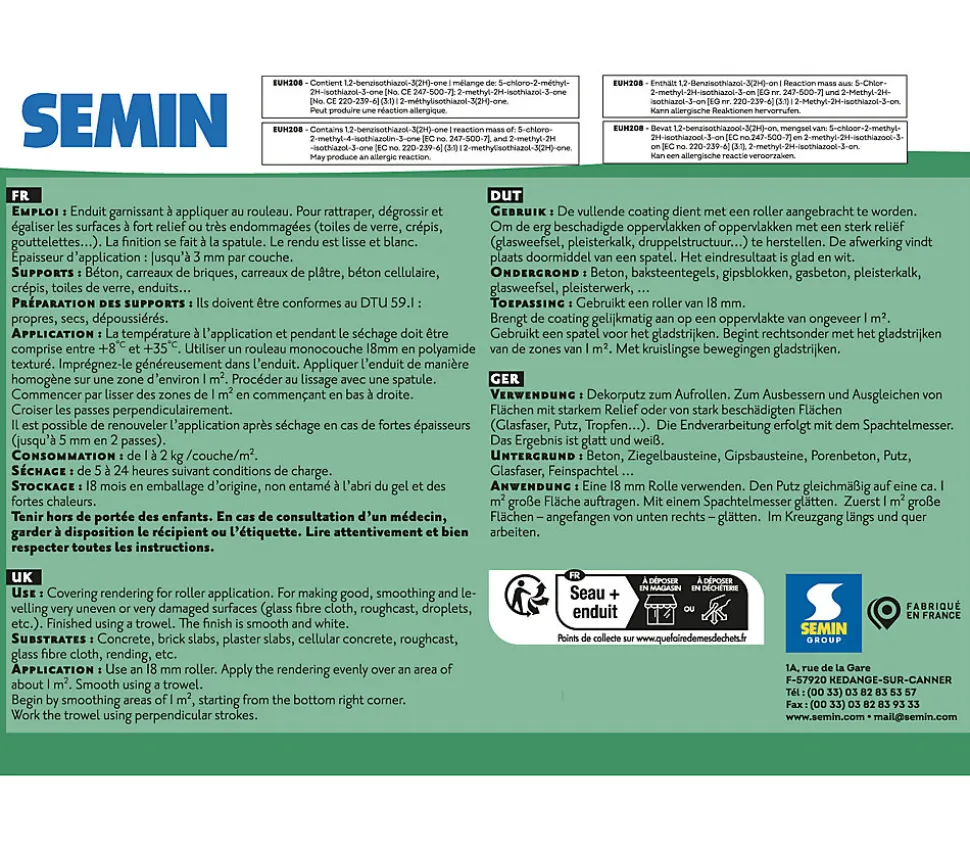 Lot de 5 Enduits Garnissant au Rouleau Semin, Rénovation des Supports très Endommagés, Seau de 10 kg
