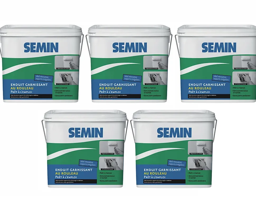 Lot de 5 Enduits Garnissant au Rouleau Semin, Rénovation des Supports très Endommagés, Seau de 10 kg