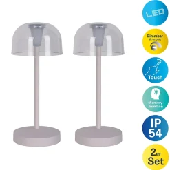Lot de 2 lampes de table LED rechargeables 'Gomba' pour l'extérieur et l'intérieur, en métal et plastique blanc , hauteur 18,5 cm