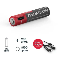 Lot de 4 Piles AAA - LR03 Li ion 1,5V rechargeables par USBC avec câble multi USB - 520302 Thomson