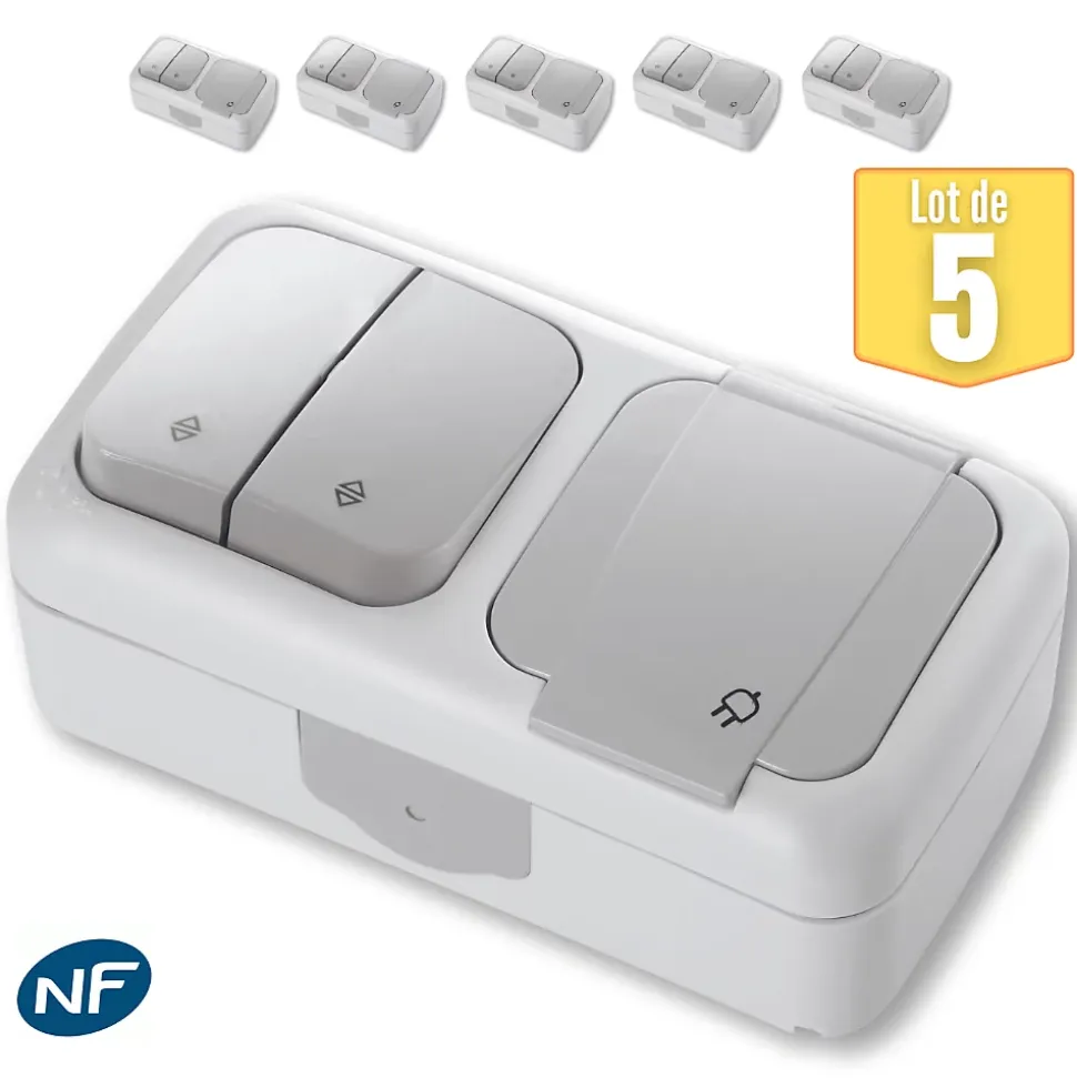 Lot de 5 Va et vient + Prise 2P+T étanche IP54- Viko by Panasonic - Gris - NF