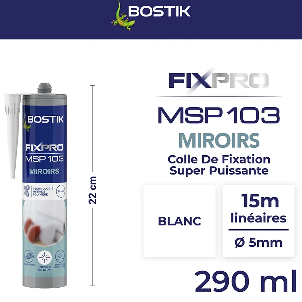 Mastic colle miroirs Bostik 290 ml coloris blanc