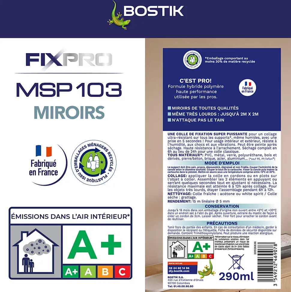 Mastic colle miroirs Bostik 290 ml coloris blanc