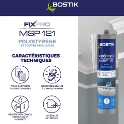 Mastic colle spécial polystyrène et moulures blanc Bostik Fixpro MSP 121, cartouche de 290 ml