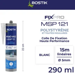 Mastic colle spécial polystyrène et moulures blanc Bostik Fixpro MSP 121, cartouche de 290 ml