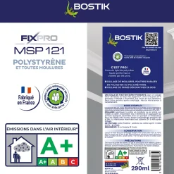Mastic colle spécial polystyrène et moulures blanc Bostik Fixpro MSP 121, cartouche de 290 ml