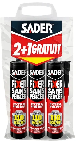 Mastic de Fixation Sader Fixer Sans Percer Extra Fort Lot de 2 Cartouches 310 ml + 1 Gratuite