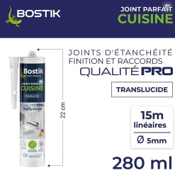 Mastic d’étanchéité spécial cuisine translucide Bostik Joint Parfait tous matériaux, cartouche de 280 ml