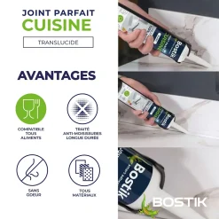Mastic d’étanchéité spécial cuisine translucide Bostik Joint Parfait tous matériaux, cartouche de 280 ml