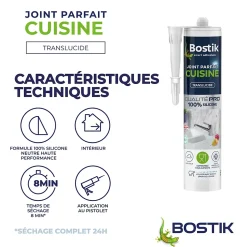 Mastic d’étanchéité spécial cuisine translucide Bostik Joint Parfait tous matériaux, cartouche de 280 ml