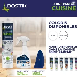 Mastic d’étanchéité spécial cuisine translucide Bostik Joint Parfait tous matériaux, cartouche de 280 ml