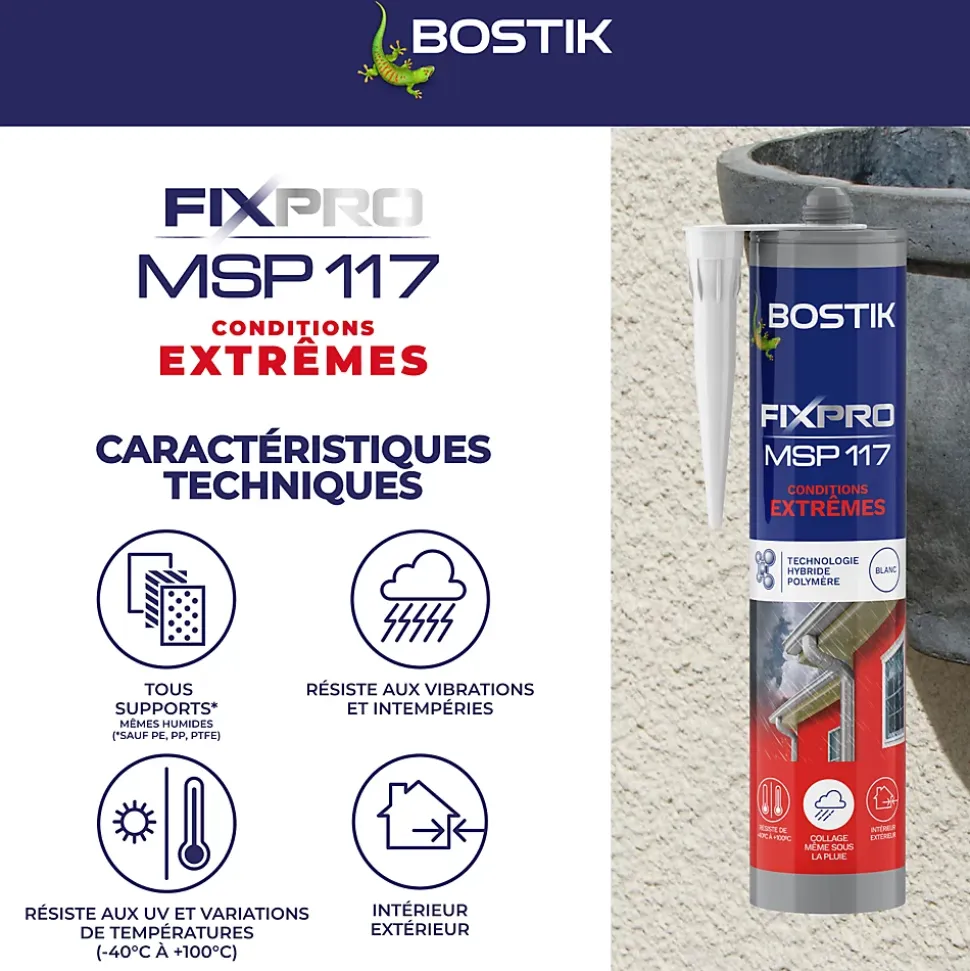 Mastic hybride polymère haute performance Bostik Fixpro conditions extrêmes 290 ml