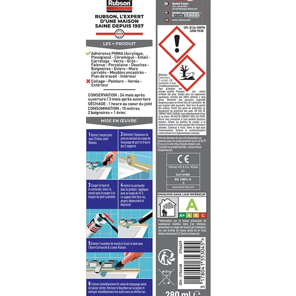 Mastic Rubson Bain & Cuisine Baignoire synthétique blanc cartouche 280ml