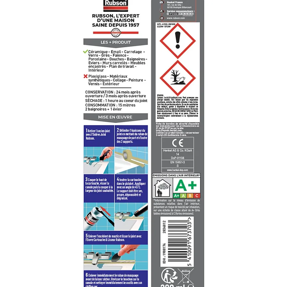 Mastic Rubson Bain&Cuisine Séchage Rapide blanc cartouche 280ml
