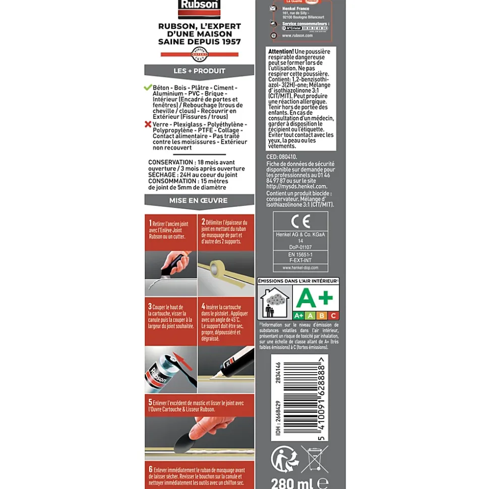 Mastic Rubson Maison Acrylique Murs-Fenêtres blanc cartouche 280ml vendu par 2