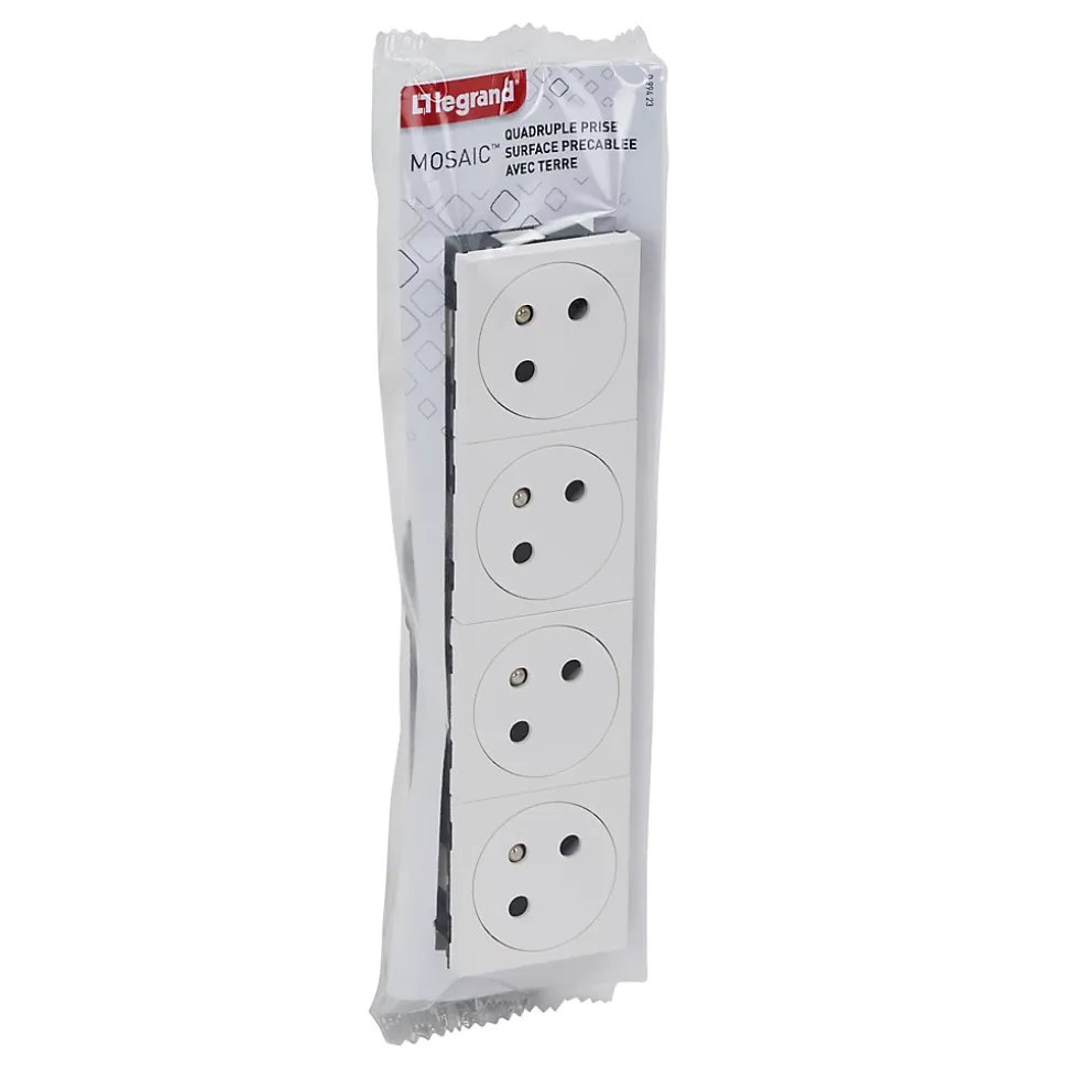 Mécanisme prise 2 pôles + terre Legrand Mosaïc blanc, 4 prises