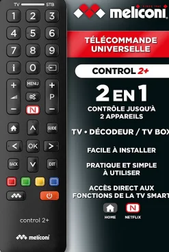 Meliconi - Télécommande universelle CONTROL 2+ pour 1 TV et 1 décodeur TNT ou SAT - 100% fonctions d'origine - Accès direct Netfli