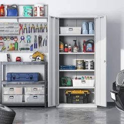 Meuble de Rangement Bureau, en Acier, Placard, avec 5 Étagères, Doubles Portes, Serrure, Armoire à Outils, Étagères Réglables