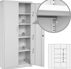 Meuble de Rangement Bureau, en Acier, Placard, avec 5 Étagères, Doubles Portes, Serrure, Armoire à Outils, Étagères Réglables
