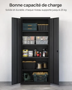 Meuble de Rangement Bureau, en Acier, Placard, avec 5 Étagères, Doubles Portes, Serrure, Armoire à Outils, Étagères Réglables