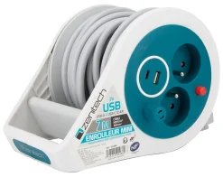 Mini enrouleur 2 prises P+T + 2 USB - 7m - Bleu - Zenitech