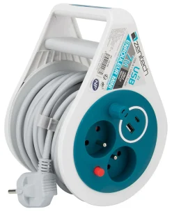 Mini enrouleur 2 prises P+T + 2 USB - 7m - Bleu - Zenitech