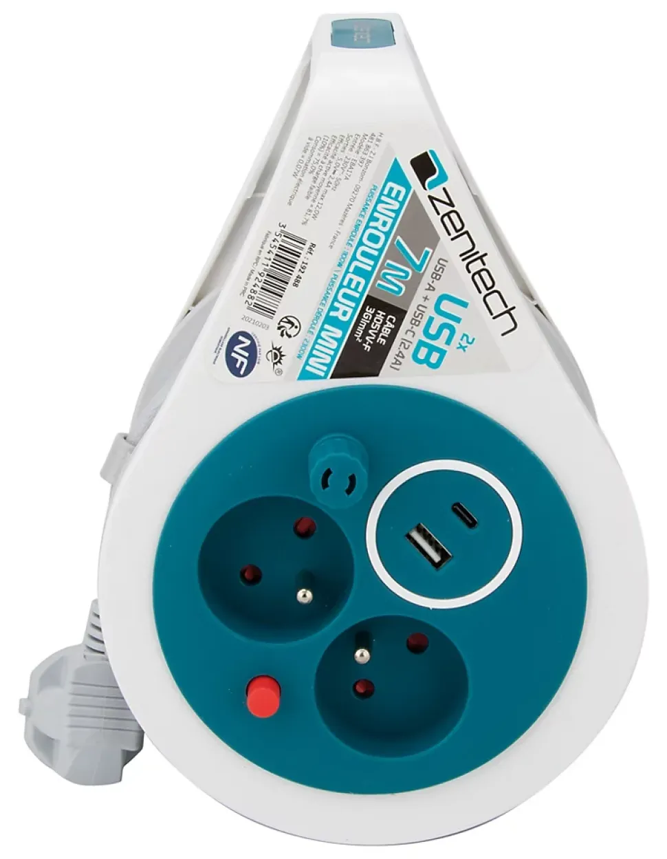 Mini enrouleur 2 prises P+T + 2 USB - 7m - Bleu - Zenitech