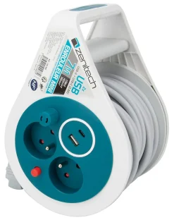 Mini enrouleur 2 prises P+T + 2 USB - 7m - Bleu - Zenitech